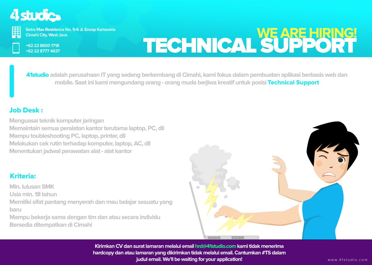 41studio's tweet photo. 41studio Hiring !
Looking for Technical Supprot to join our team.
Interested?
Shoot your CV now!
#lokerbdg #jobsbdg https://t.co/qiTCHoIVzP