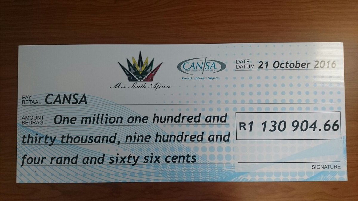 CANSA's tweet photo. We are so thankful! @MrsSAPageant finalists raised a whopping R1130904.66!
ThankYou for support #FightingCancer
https://t.co/Fs353Yu7AD https://t.co/SDhbE4ZIU6