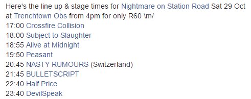 devilspeakband's tweet photo. The line up &amp; stage times for #NightmareOnStationRoad Sat 29 Oct @Trenchtownobs \m/
@CPTgigs
@ShareCapeTown
@WotzupCapeTown
@allcapetown https://t.co/oTmBgJhACK