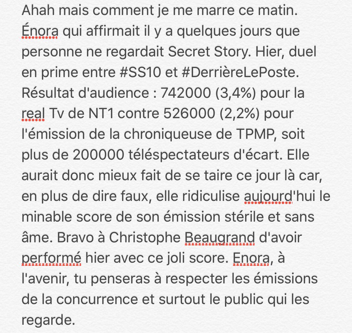 Petit message pour <a href="/EnoraMofficiel/">Enora Malagré</a> , qui est, aujourd'hui, face à ses mensonges. Bravo <a href="/Tof_Beaugrand/">Christophe Beaugrand-Gerin</a> pour ses belles audiences. #SS10 #dlp