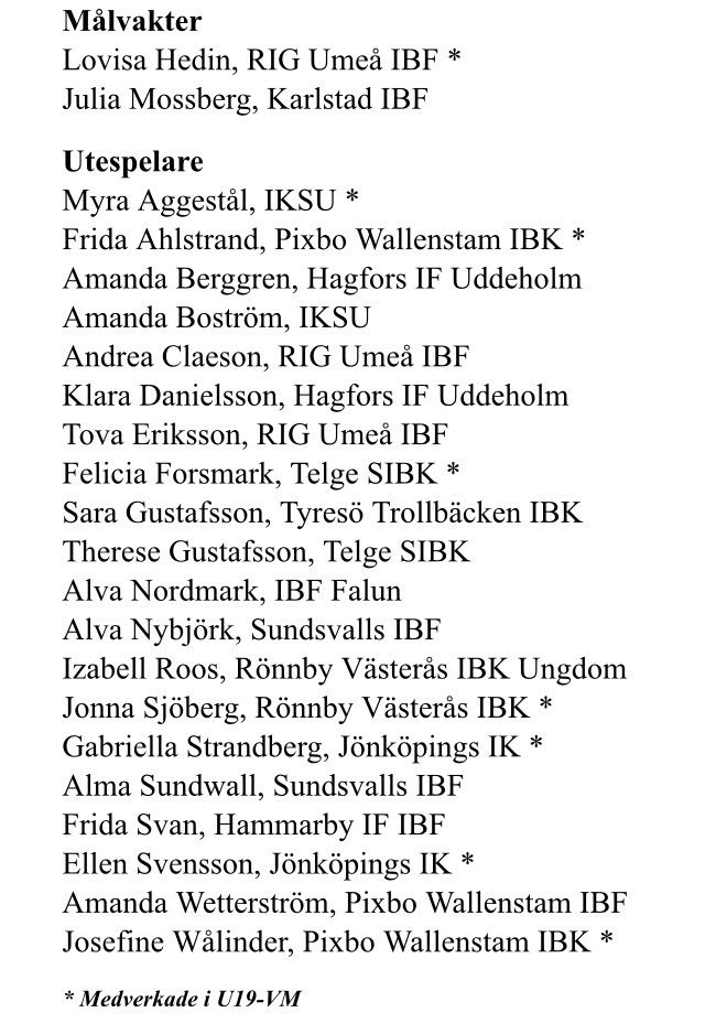 svenskinnebandy's tweet photo. Här är U19-damlandslagets trupp till Euro Floorball Tour. *=medverkade i U19-VM i Kanada i våras https://t.co/QLz47HdCKU