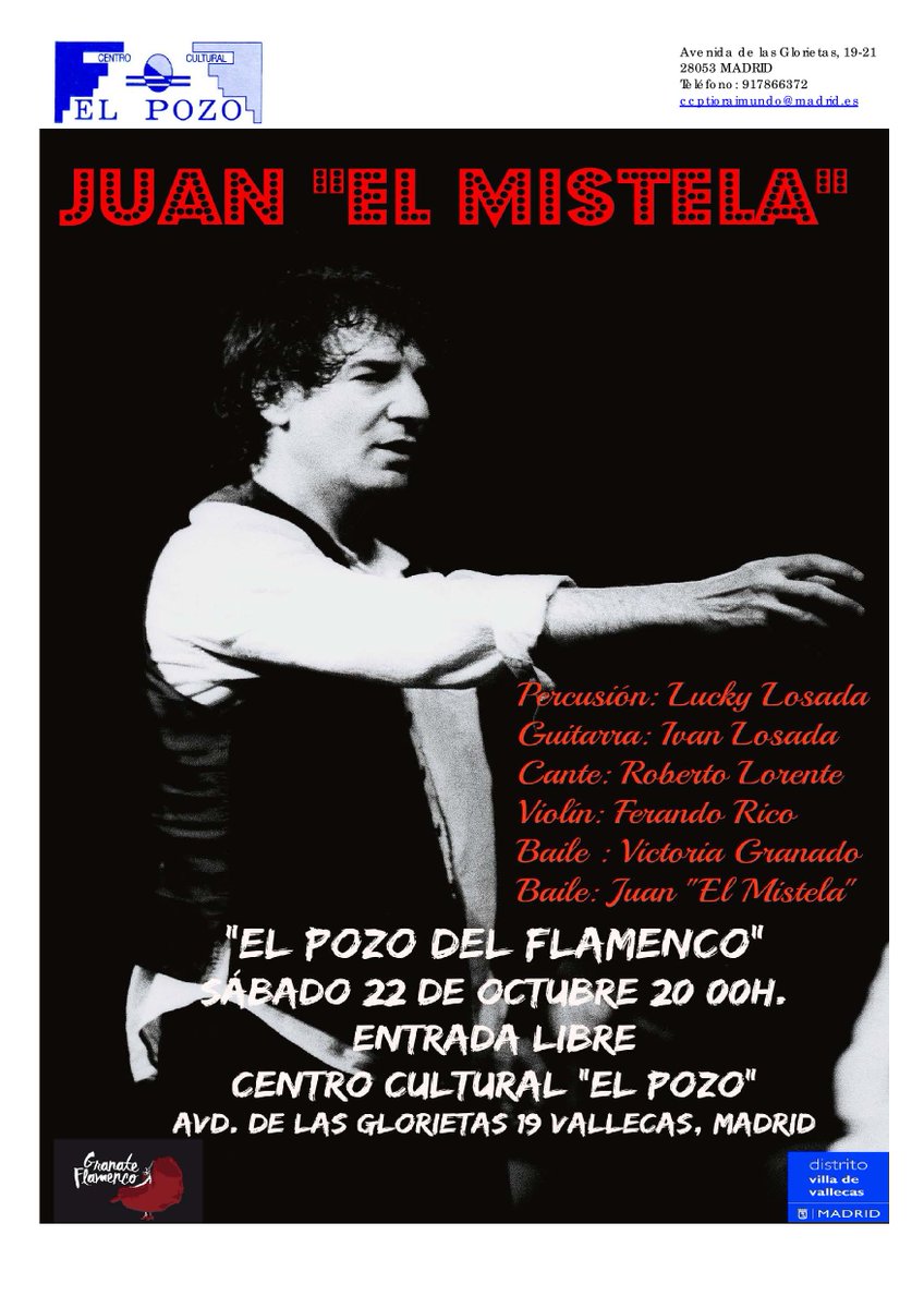 JMDpvallecas's tweet photo. Juan @elmistela #ElPozodelFlamenco   
Sábado 22 de octubre - 20 h 
#CCElPozo 
Gratuito. Aforo limitado
https://t.co/QGLZzAscyn https://t.co/Vo2JtvzTmH