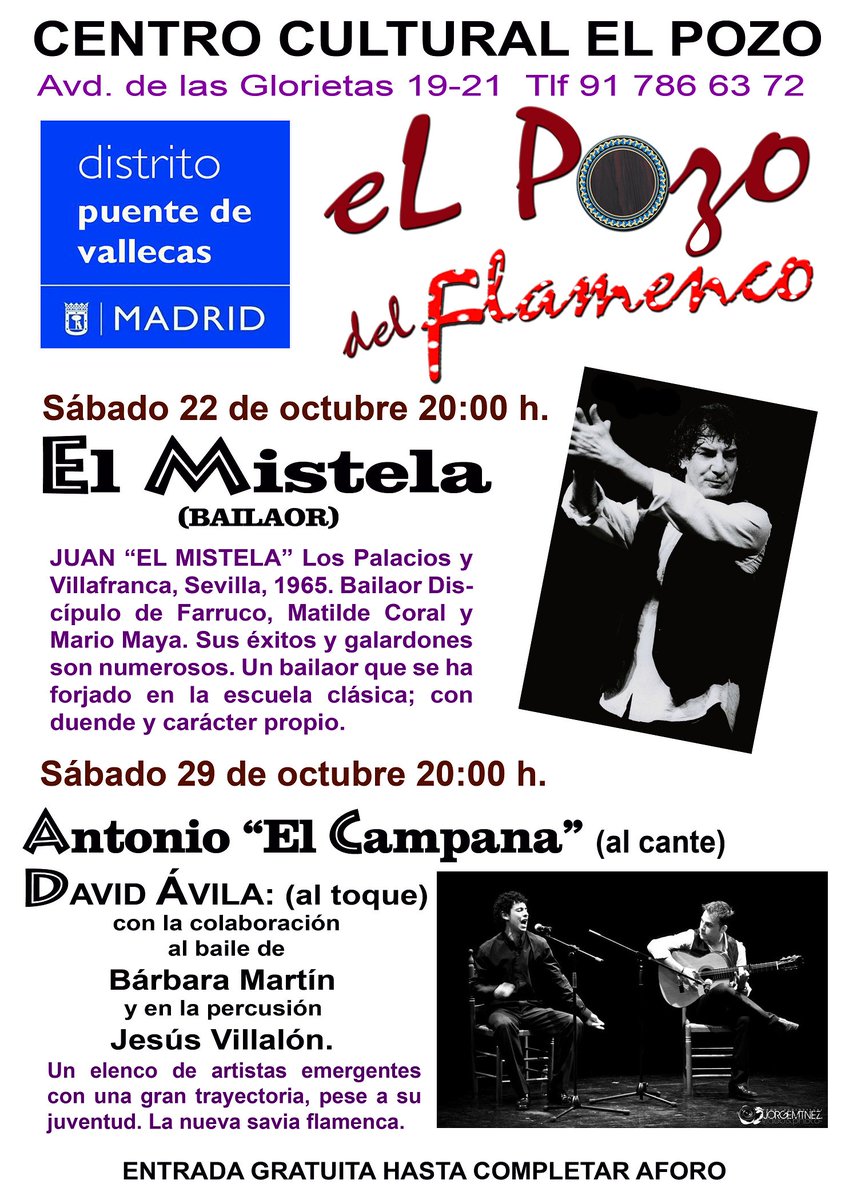 JMDpvallecas's tweet photo. Juan @elmistela #ElPozodelFlamenco   
Sábado 22 de octubre - 20 h 
#CCElPozo 
Gratuito. Aforo limitado
https://t.co/QGLZzAscyn https://t.co/Vo2JtvzTmH