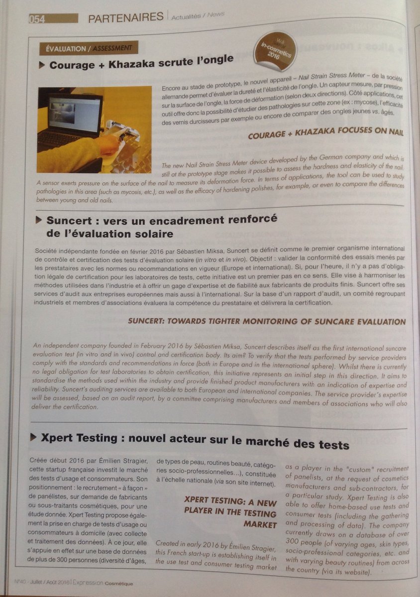 SUNCERT_SAS's tweet photo. Read the press news about "SUNCERT: Towards tighter monitoring of suncare evaluation" in the Expression Cosmétique Juillet/Août 2016 issue. https://t.co/oFORUlXRG4