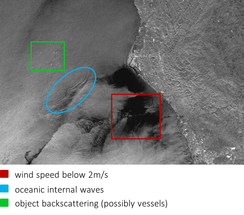 Imagem #SAR do #meiomarinho, dados <a href="/esa/">European Space Agency</a>: zona de vento fraco (vermelho), ondas internas (azul), pontos como possíveis embarcações (verde)