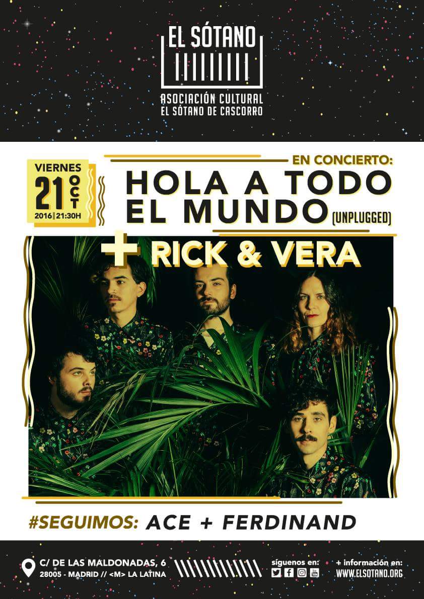 Viernes NIGHT en el escenario @Asoc_C_ElSotano 
Doble CONCIERTO 
<a href="/HATEM_band/">HOLA A TODO EL MUNDO</a> + <a href="/RickandVera/">Rick&Vera</a> 
y SESIÓN @Ferdinandsound + #Ace
#YoSoySotanita