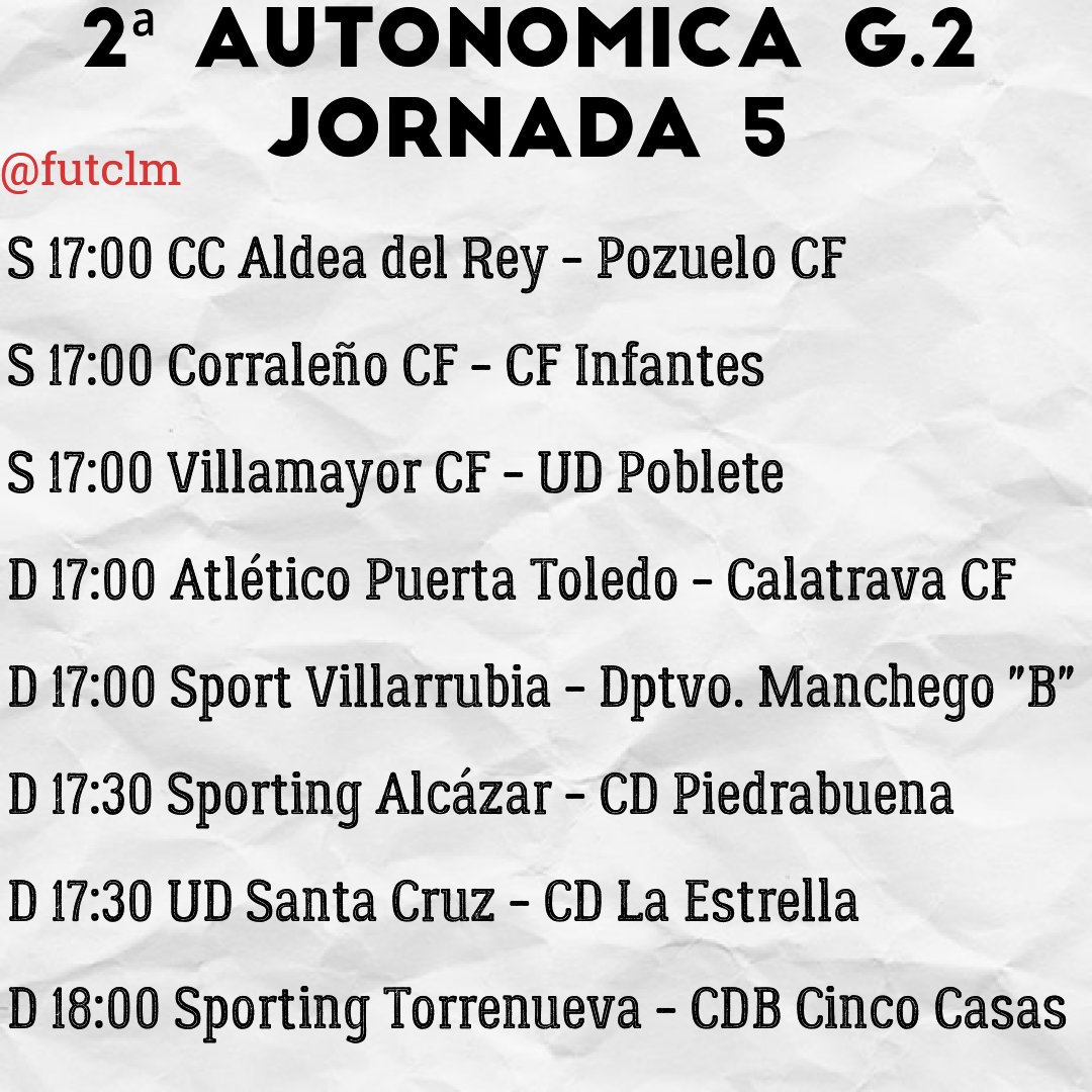 futclm's tweet photo. ⏰ Horarios Segunda Autonómica G. 2, 3, 4 y 5 | Jornada 5: https://t.co/Vy7EhN1iEM
