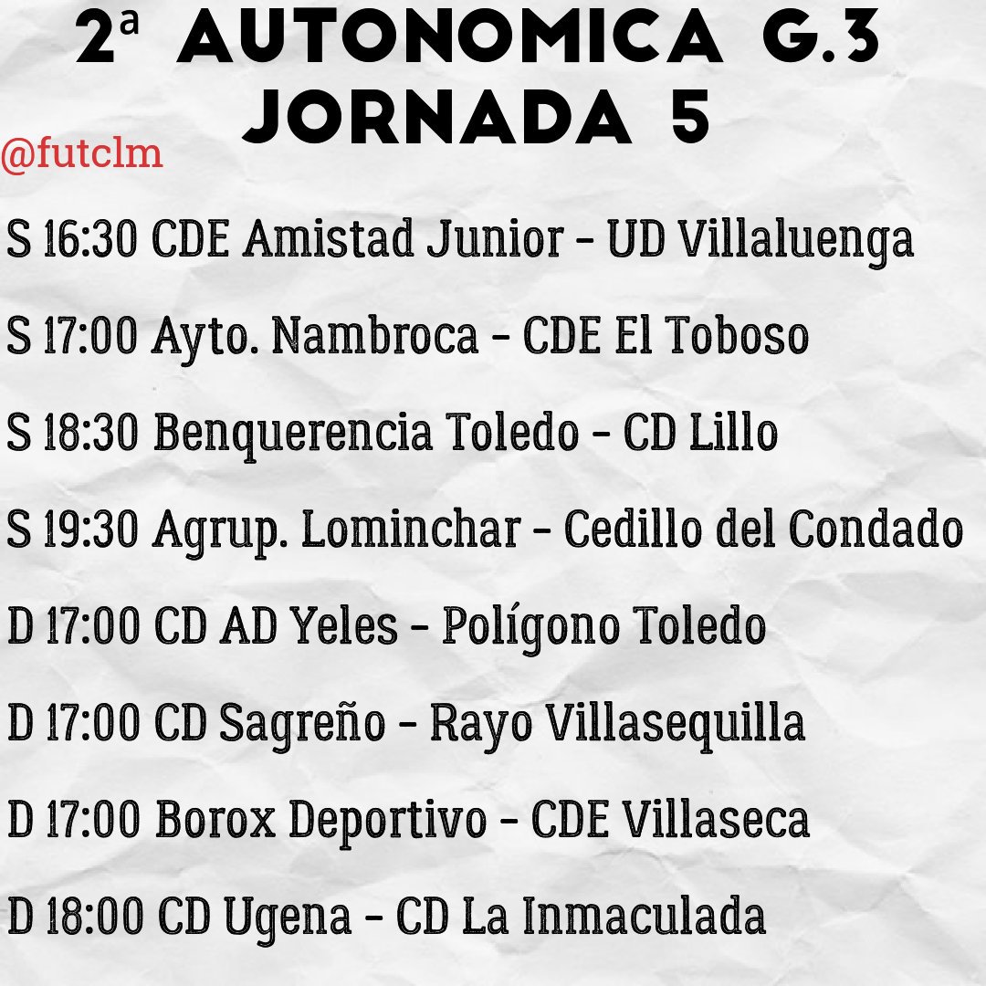 futclm's tweet photo. ⏰ Horarios Segunda Autonómica G. 2, 3, 4 y 5 | Jornada 5: https://t.co/Vy7EhN1iEM