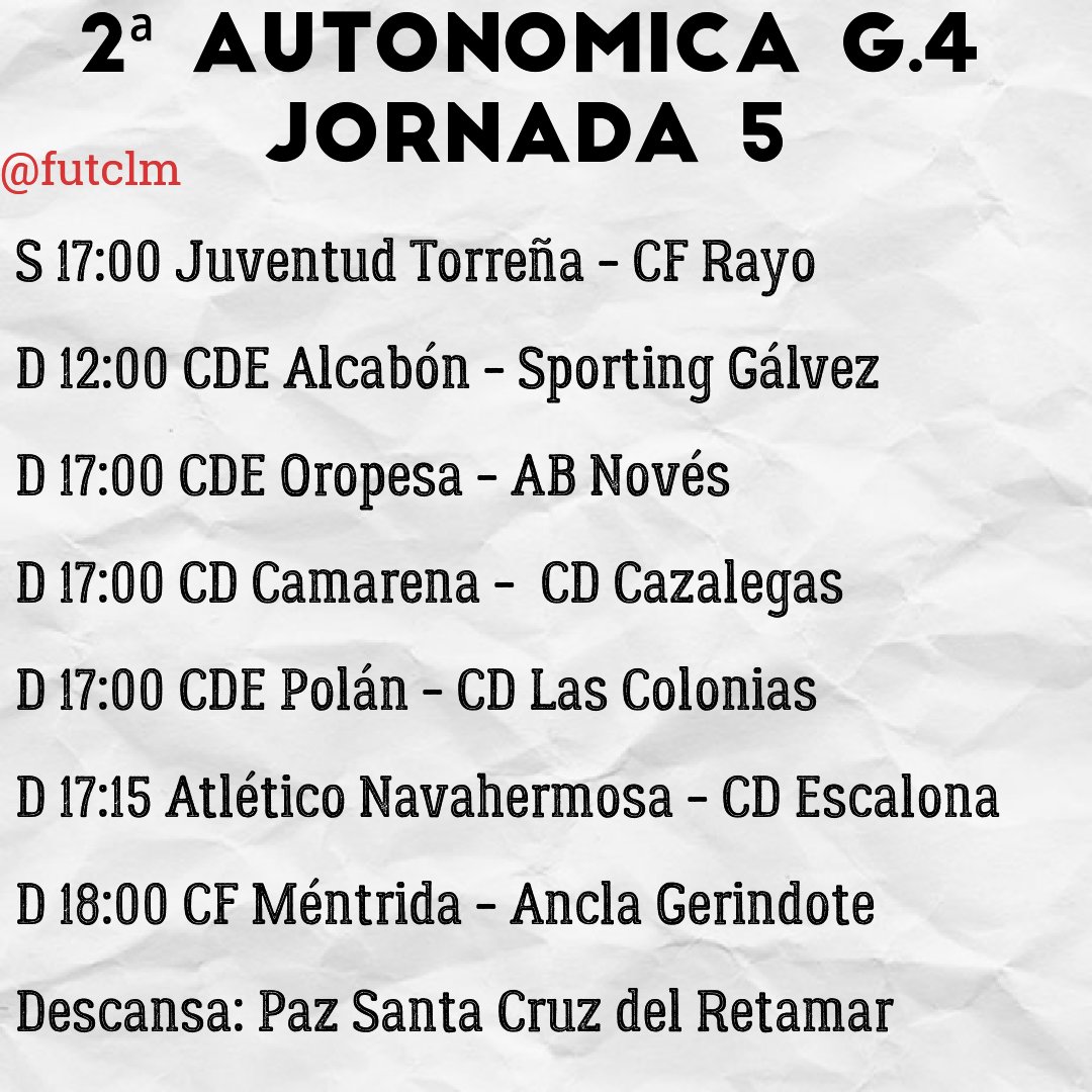 futclm's tweet photo. ⏰ Horarios Segunda Autonómica G. 2, 3, 4 y 5 | Jornada 5: https://t.co/Vy7EhN1iEM