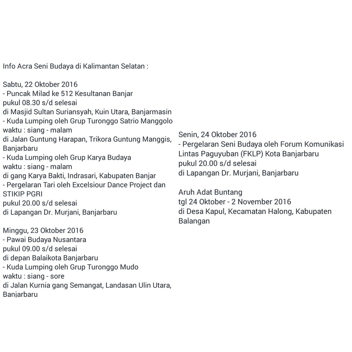 Info Acara Seni Budaya di KalimantanSelatan
<a href="/Seputar_Bjb/">#Banjarbaru</a> <a href="/HabarBanjarbaru/">Kota Banjarbaru</a> <a href="/WargaBanua/">📍BANJARMASIN, KALIMANTAN SELATAN</a> <a href="/visitkalsel/">#visitkalsel</a> <a href="/Senibdayakalsel/">Seni Budaya Kalsel</a>