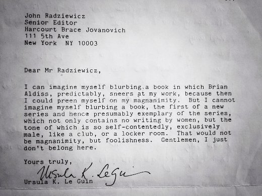 Happy birthday Ursula Le Guin, who once turned down an offer to blurb an all-male sci-fi anthology with this letter  bit.ly/1LLC0t8