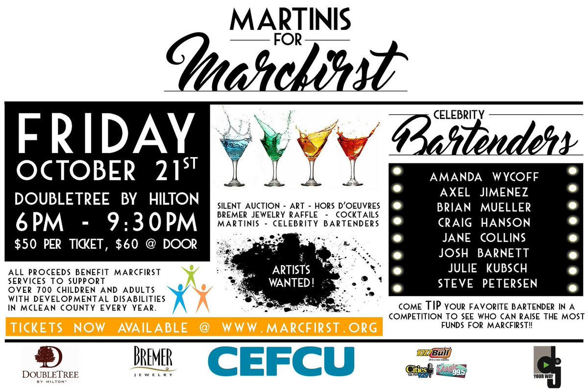 SpecsAroundTown's tweet photo. @WGLTNews Nice shout out for Martinis For Marcfirst tonight! Should be fun! #celebritybartender #blono #givingback #funevent #marcfirst https://t.co/QKE6hG1qJK