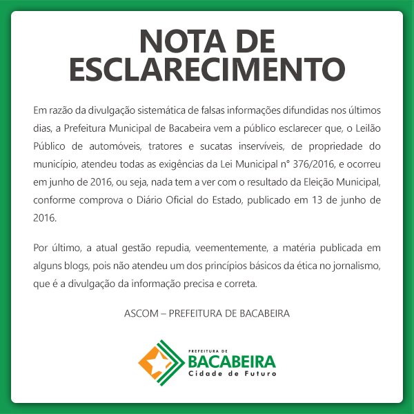 BacabeiraMA's tweet photo. Novamente, vimos a público para desmentir informações inverídicas. Confira a nota. #Bacabeira https://t.co/8wl7P2BlBM