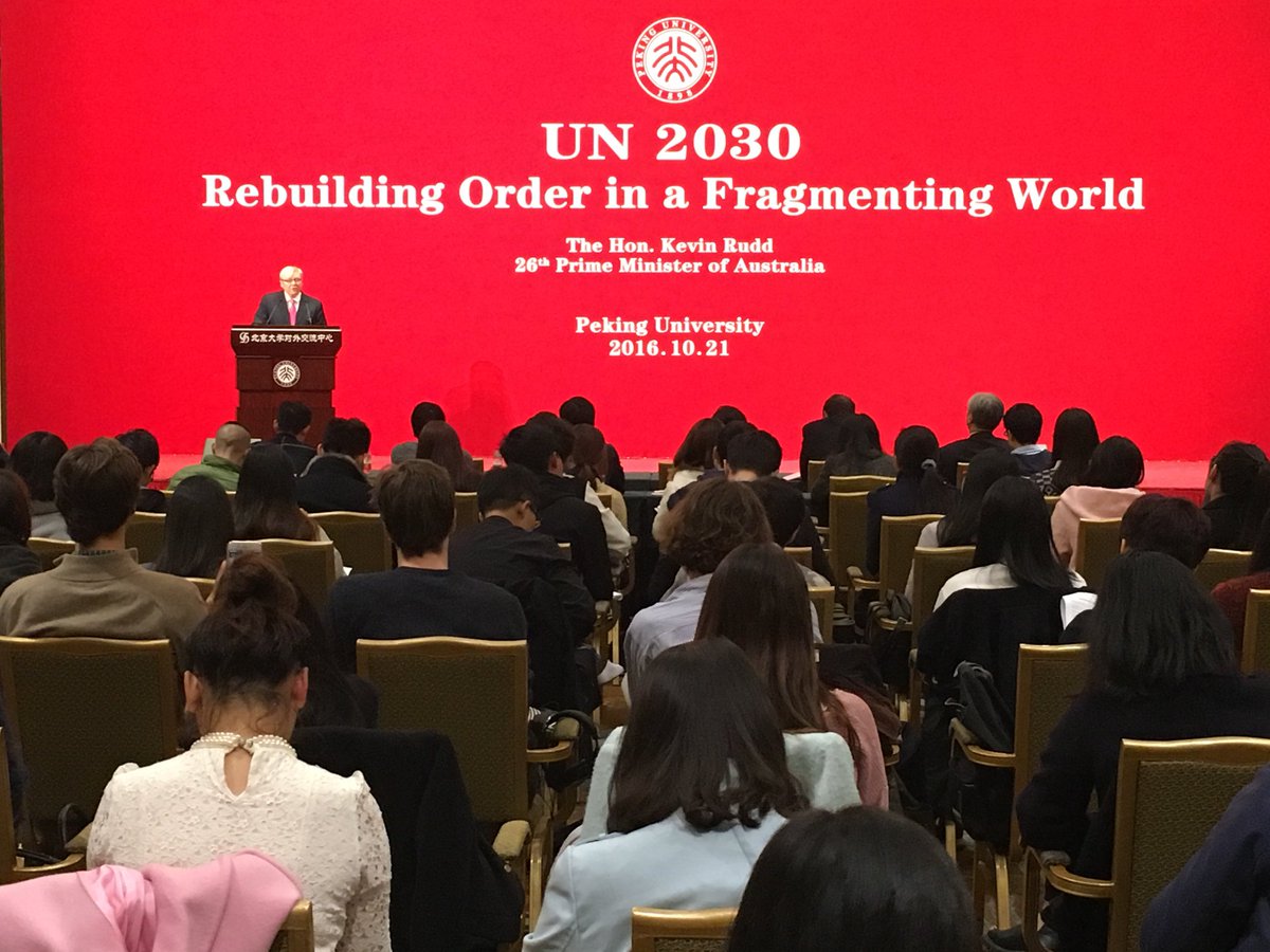 Spoke today at Peking University on future of global political and security systems &amp; China's role within it. Link: kevinrudd.com/the-future-of-…