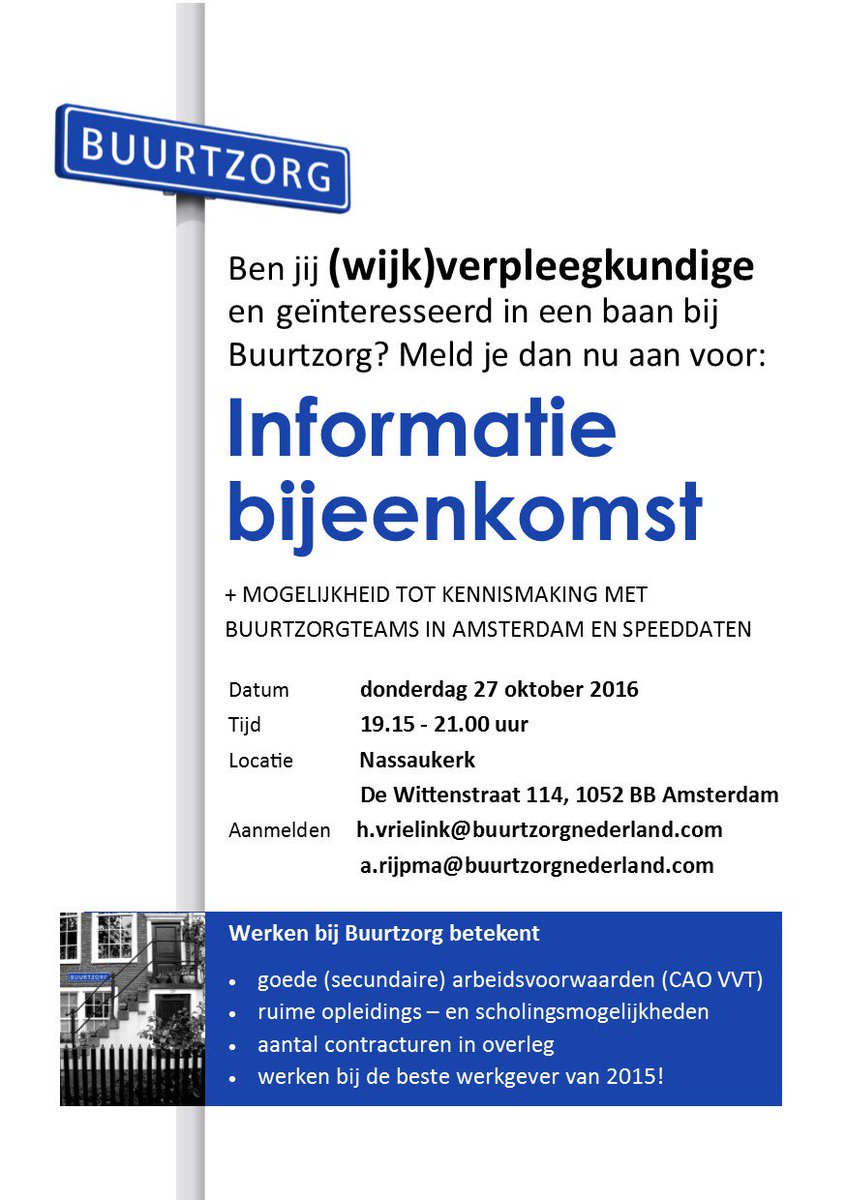 buurtzorg's tweet photo. Werken als #verpleegkundige bij #buurtzorg Amsterdam? kom naar de informatiebijeenkomst: donderdag 27 oktober #Amsterdam https://t.co/AXh4sVjOpd