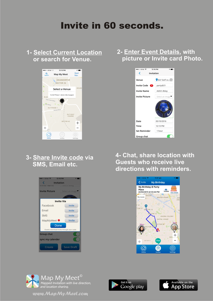mapmymeet's tweet photo. Send Invites in 60 seconds...with directions and reminders !
Party, Meetup or Corporate meetings. https://t.co/rvT1FlIaIg