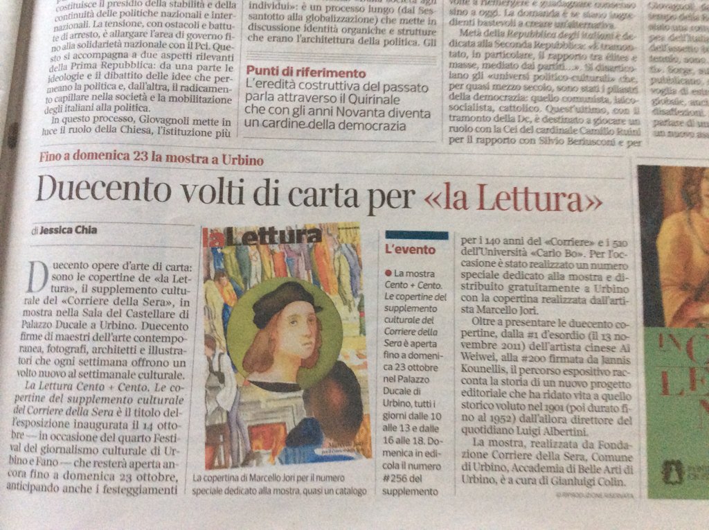 lellamazzoli's tweet photo. Fino al 23/10 #cento+cento copertine de @La_Lettura ma anche gli originali del secolo scorso.
#fgc16
@uniurbit https://t.co/mO3RyjfnfB
