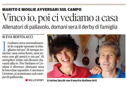 EvaBertolacci's tweet photo. Cristina e Stefano... Amore e pallavolo, una bella favola oggi in tutte le edizioni de @iltirreno @volleylivorno @PallCascina @FipavToscana https://t.co/raVPG8UR1k