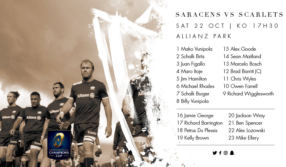 Saracens's tweet image. Team News | Here is your @Saracens side to face @scarlets_rugby in @ChampionsCup R2 at @AllianzPark (Sat, KO17h30 )

#ProudToBe
