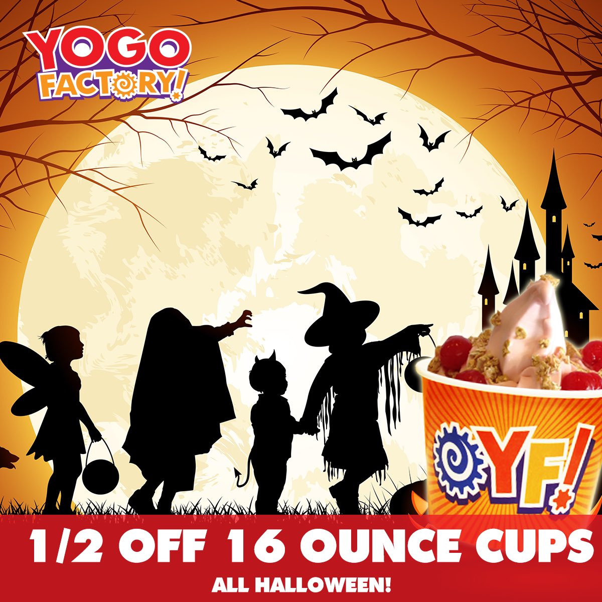 YogoFactory's tweet photo. Sicklerville &amp; Somerdale Yogo! Half off 16oz Yogo all day on Halloween ! Mention this tweet! https://t.co/ELHuBfNxAe