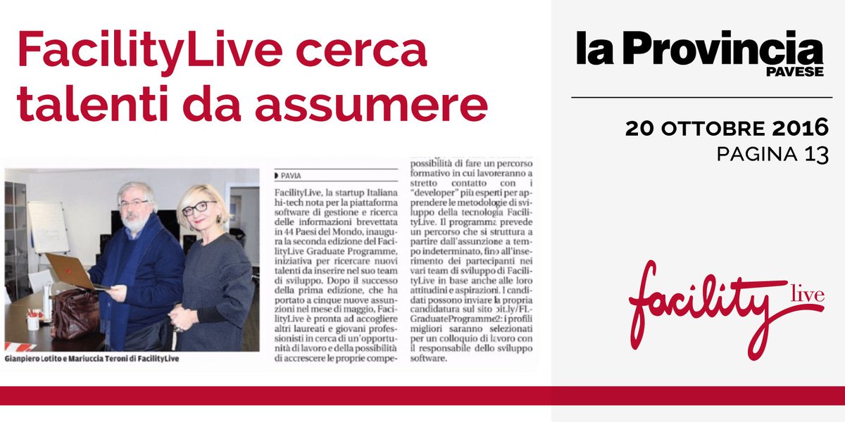 FacilityLive's tweet photo. .@FacilityLive rilancia il #FLGraduateProgramme https://t.co/oi9mFhHiYN e @provinciapavese pubblica "FacilityLive cerca talenti da assumere" https://t.co/bhtPXS9iOP