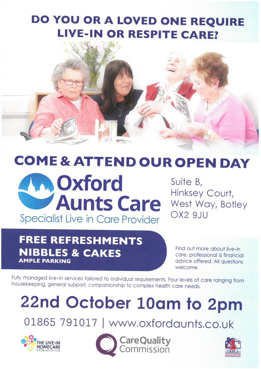 oxfordaunts's tweet photo. Tomorrow we're holding our #openday for #liveincare come along if you're interested to find out about alternative care options #stayinmyhome https://t.co/D4DDalICtr