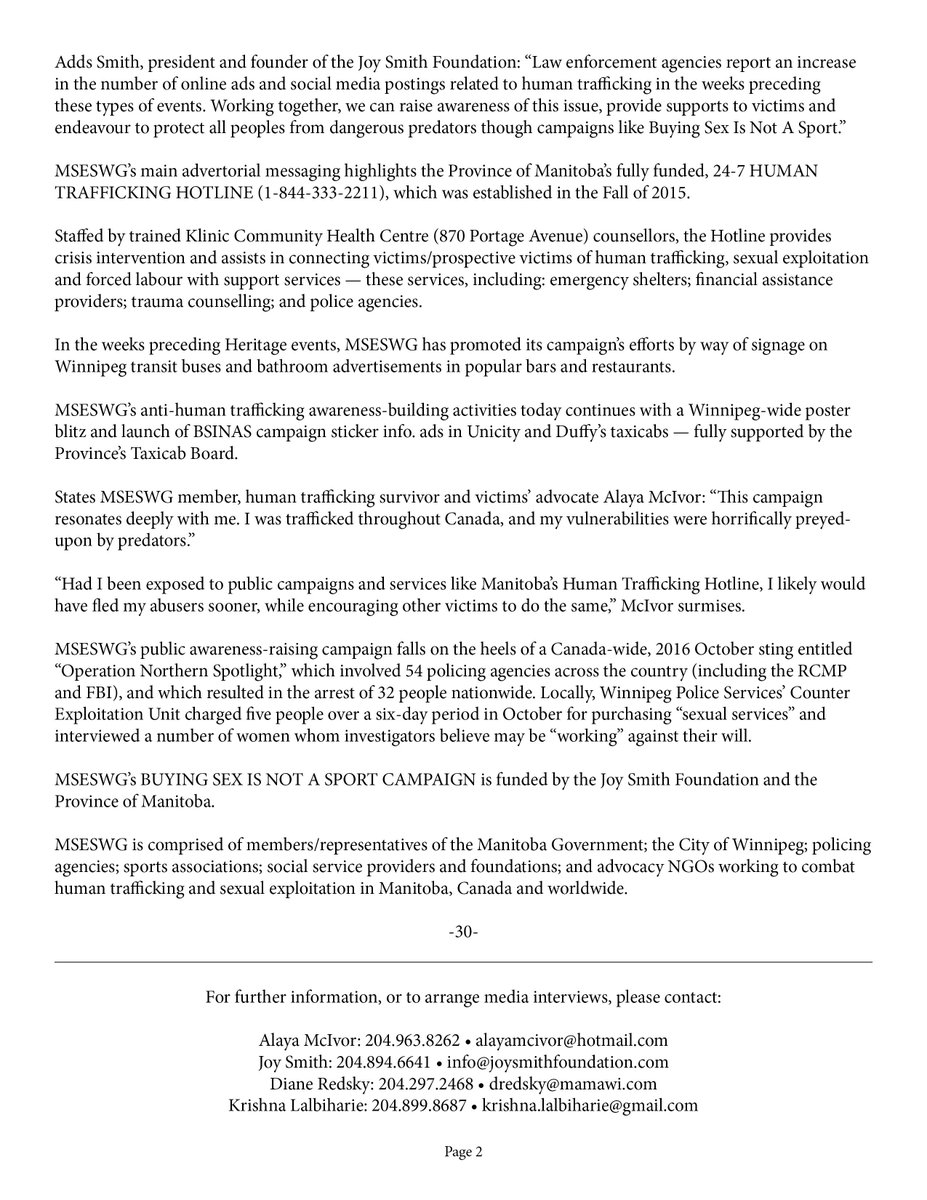 BSINASManitoba's tweet photo. @BSINASManitoba PRESS RELEASE RE: TODAY'S CAMPAIGN LAUNCH AGAINST HUMAN TRAFFICKING #BuyingSexIsNotASport • Noon • MBLegislature https://t.co/0EiYSCHkJe