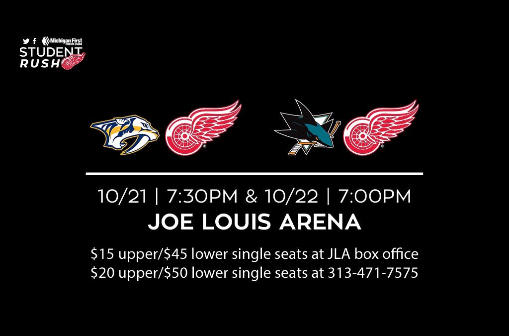 Student and Military rush single seats available for tonight and tomorrow! ⬇️ #LGRW #NSHvsDET #SJSvsDET https://t.co/g02NiFTDpT