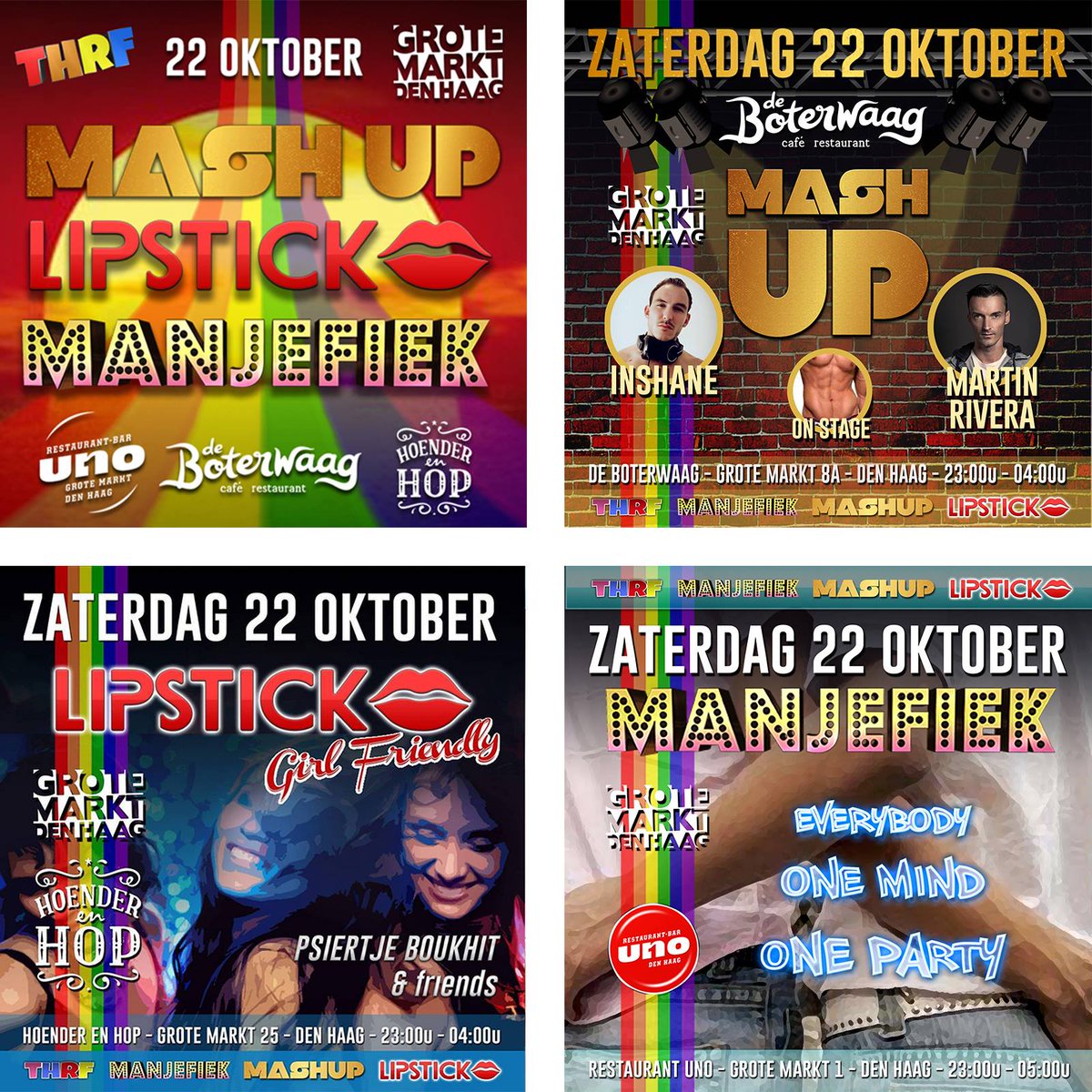 COUNTDOWN! Nog 2 dagen! Za 22 okt Grote Markt DH 3 parties 1 ticket - MASHUP LIPSTICK MANJEFIEK  #gay #party #mashup #lipstick #manjefiek