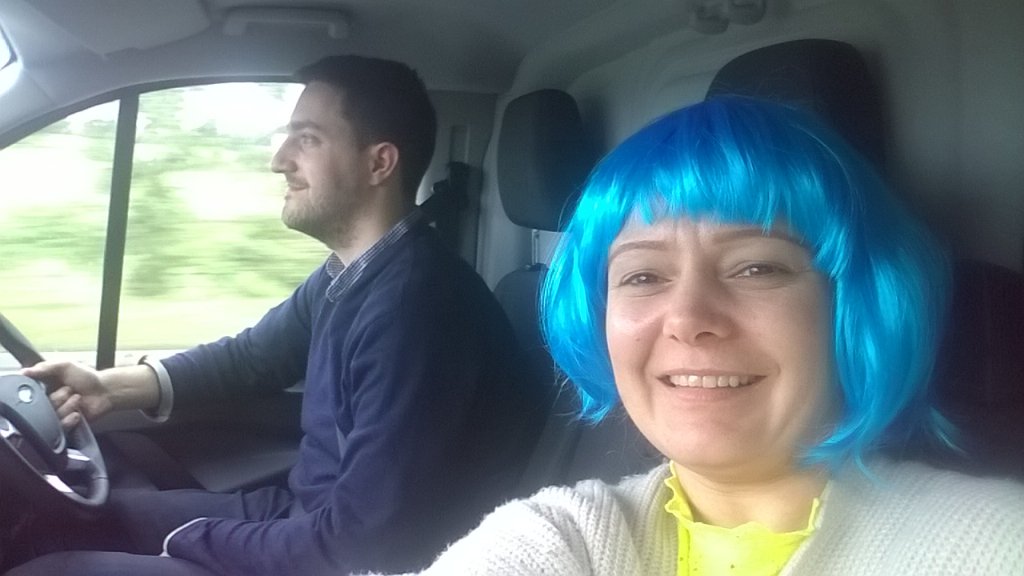AutoDocsUK's tweet photo. At #ScotchCorner #London crew wiging (I mean winging) their way to @AutoDocsUK #HalloweenParty in #Glasgow office 👻 https://t.co/gdq2EfK7zq