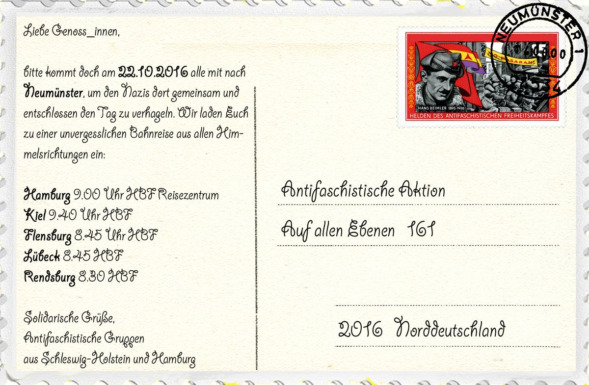 ticker_nms's tweet photo. "Liebe Genoss_innen, kommt doch alle am 22.10. nach #Neumünster um den Nazis gemeinsam und entschlossen den Tag zu verhageln!" #NMS2210 https://t.co/4wwMeWSuLy