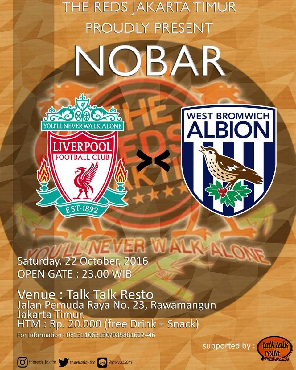 TheRedsJakTim's tweet photo. #Nobar LFC vs WBA|22/10/2016|KO 23.30|Talk talk Resto #Jakarta|HTM Rp. 20.000. Mohon bantuan RT @StandTheKops https://t.co/BkQw38pfMf