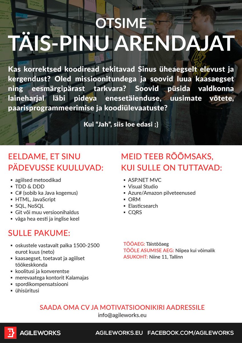 Meie meeskond otsib täis-pinu arendajat! Saada oma CV ja motivatsioonikiri info@agileworks.eu #arendaja #töökuulutus #Tallinn #fullstack