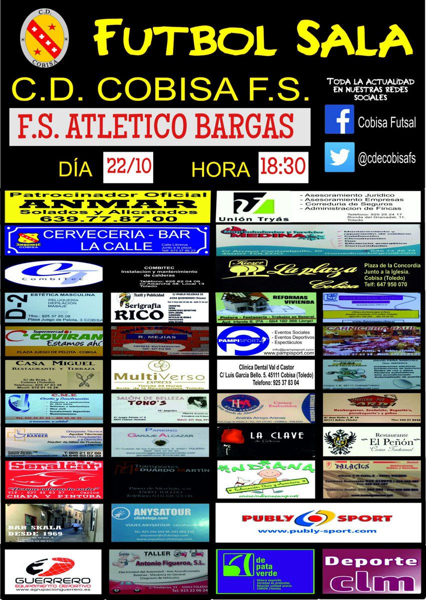cdecobisafs's tweet photo. [LIGA] Mañana no te lo puedes perder!!!! Partidazo en el municipal frente @FSAtcoBargas a las 18:30.

#vamoscobisa
#contigocrecemos
#CDCFS https://t.co/9dBL5MxpKY