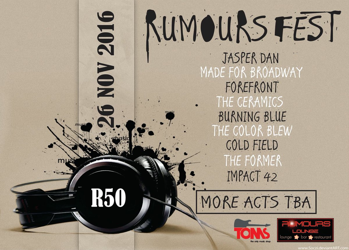 Rumours fest! With. @JasperDanSA <a href="/madeforbroadway/">Made For Broadway 🍕</a> <a href="/ForefrontSA/">Forefront</a> <a href="/burningbluesa/">Burning Blue</a> <a href="/TheColorBlew/">The Color Blew</a> @ColdfieldZA and <a href="/theformerband/">The Former</a> can't wait!