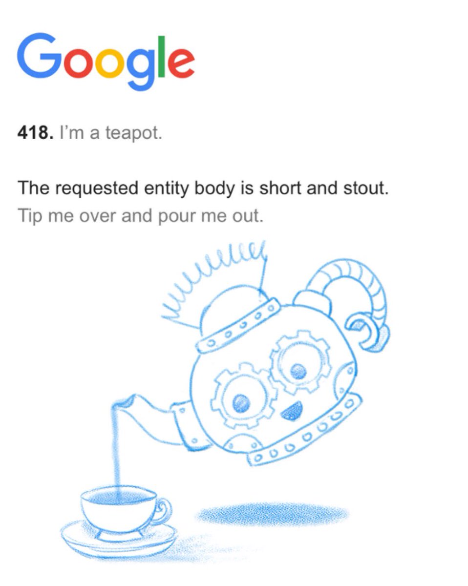 V_DigiMarketing's tweet photo. Here's the Google Teapot error! It's a nerdy joke but some of us will get it 🤓 #SEO #google #digital #SEM https://t.co/ZX96jJUWdD