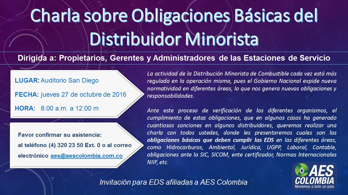 edsasociados's tweet photo. Invitación para Directivos de Estaciones de Servicio Afiliadas a @AESColombia_ Jueves 27 de Octubre, en el Auditorio San Diego https://t.co/IzpyNTGYNT