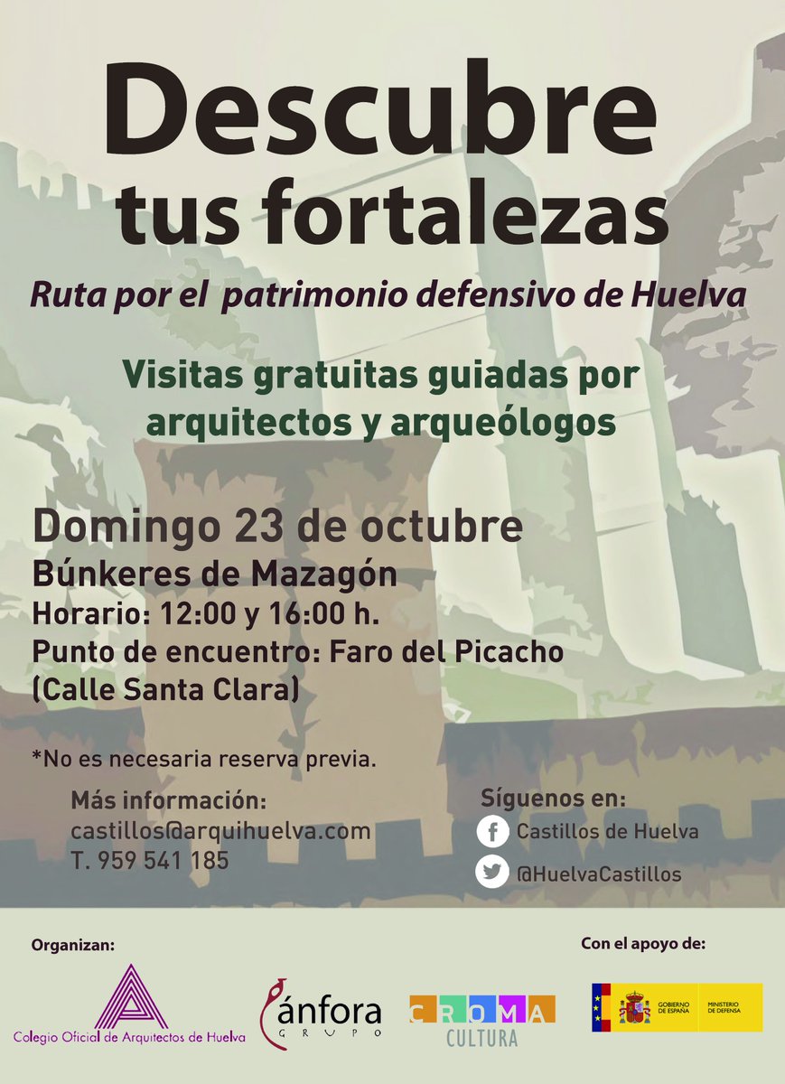 HuelvaCastillos's tweet photo. Este domingo 23 de octubre #Descubretusfortalezas' visita los #búnkeres de #Mazagón: una ruta a las 12:00 y otra a las 16:00 h. #huelvahoy https://t.co/lPZwCBxBXD