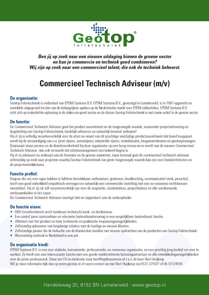 Wij zij op zoek naar een commercieel technisch adviseur Geotop #vacature zie geotop.nl