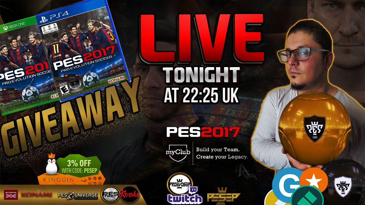 PESEP (@pesep14) on Twitter photo LIVE tonight! 22:30 UK #PES2017 PS4 XB1 Digital Code GIVEAWAY!
twitch.tv/proevosep <a href="/officialpes/">officialPES - Inactive</a> <a href="/twitchraid/">twitchRaid</a> <a href="/TwitchSharing/">Sharing Your Stream!</a> #kcode LIVE tonight! 22:30 UK #PES2017 PS4 XB1 Digital Code GIVEAWAY!
twitch.tv/proevosep <a href="/officialpes/">officialPES - Inactive</a> <a href="/twitchraid/">twitchRaid</a> <a href="/TwitchSharing/">Sharing Your Stream!</a> #kcode