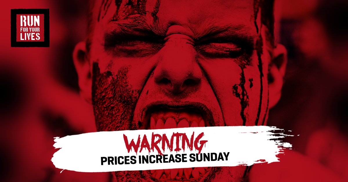 outsetagency's tweet photo. *WARNING* TICKET PRICES INCREASE ON SUNDAY!
LIMITED @runforyourlives tickets here - https://t.co/UPeeHS5ERo
#Halloween #FridayFeeling https://t.co/6cyuF95v5s