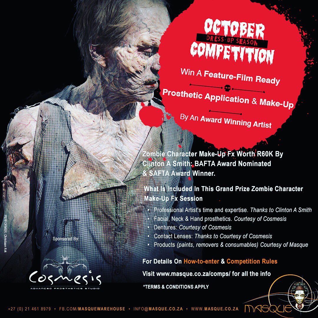 Competition Time! Get your own #Zombie prosthetics done like in the  #Movies a #FilmReadyZombieMasque 

#HowToEnter masque.co.za/comps/201610/