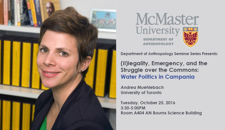 McMasterSocSci's tweet photo. .@AnthroMac seminar: Water Politics in #Campania. Tues. Oct 25, 3:30pm. Everyone Welcome! #MacWaterWeek  https://t.co/H1Bci3OZOn https://t.co/fpXbsf97gq