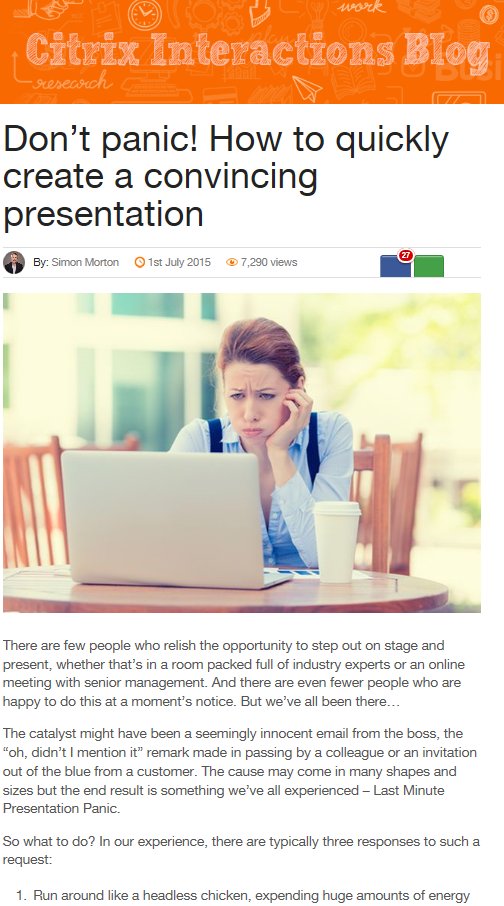 eyefulpres's tweet image. Don’t panic! How to quickly create a convincing #presentation blog.gotomeeting.co.uk/2015/07/01/don… @GoToMeeting #CitrixBlog