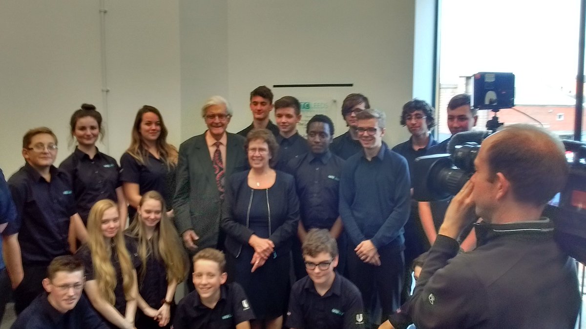 ProfMCLevesley's tweet photo. Getting used to fame @UTCLeeds kids celebrating official opening with Lord Baker at their stunning new school. @UniversityLeeds very proud. https://t.co/A9Q76GIxu0