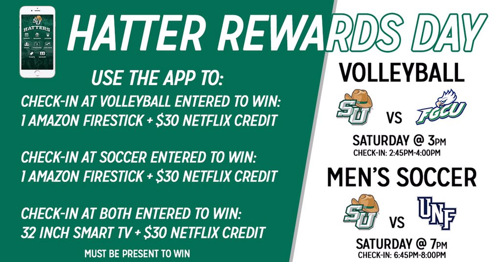 JohnB_Stetson's tweet photo. Hatter Rewards Day! Checkin Saturday @StetsonVB @ 3pm vs FGCU & @StetsonMSoccer @ 7pm vs UNF to enter to win 3 huge prize bundles! #SUnited https://t.co/BgJF0BxHhH