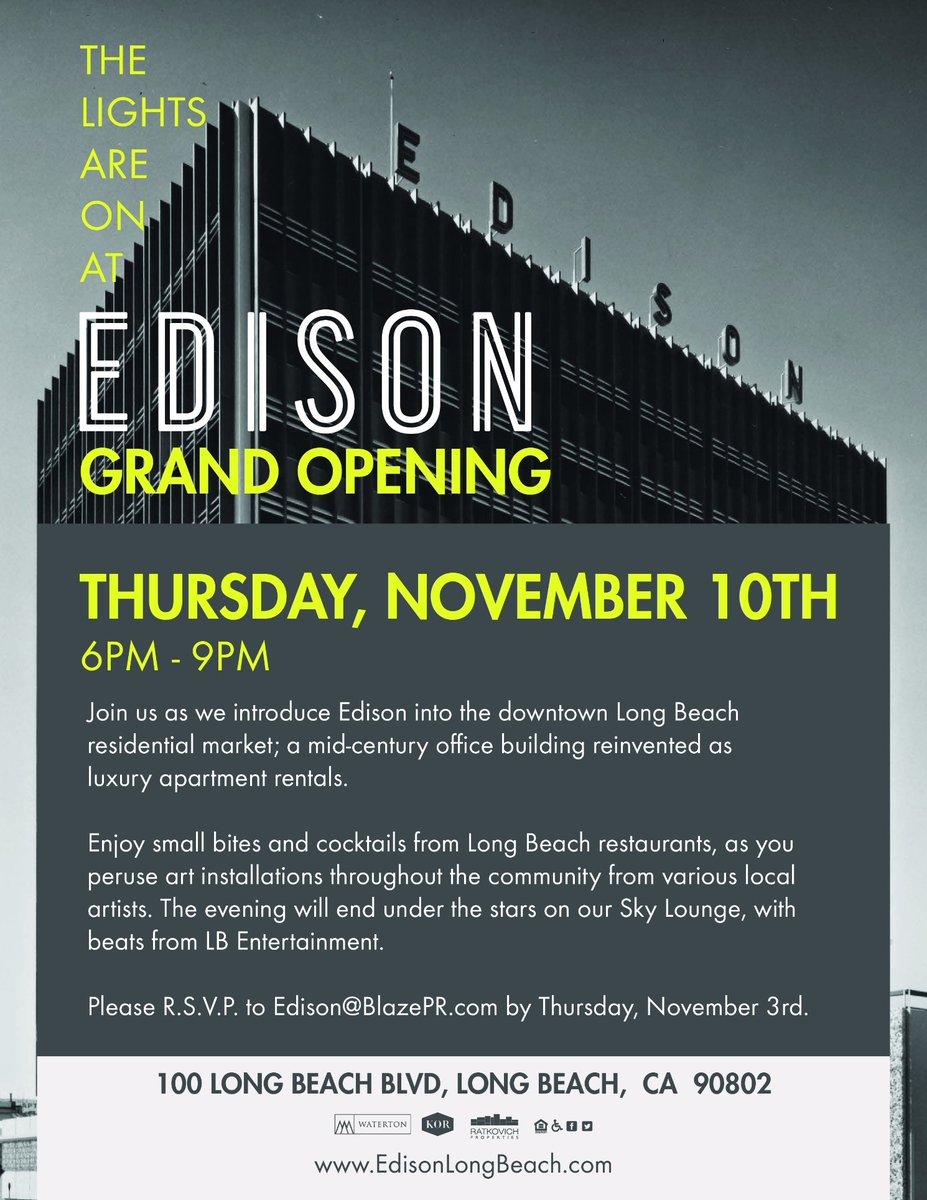 EdisonApartment's tweet photo. Join us on Thursday, November 10th as we celebrate the Grand Opening of Edison!... Edison@BlazePR.com https://t.co/KsARFFTCPN