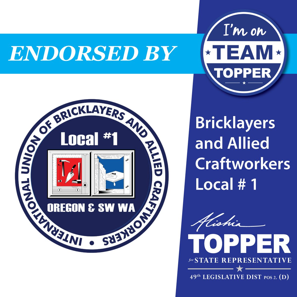ElectTopper's tweet photo. Bricklayers and Allied Craftworkers Local # 1... know that, together, we can build a better future! Thank you! #TeamTopper https://t.co/feFRuPl7qy