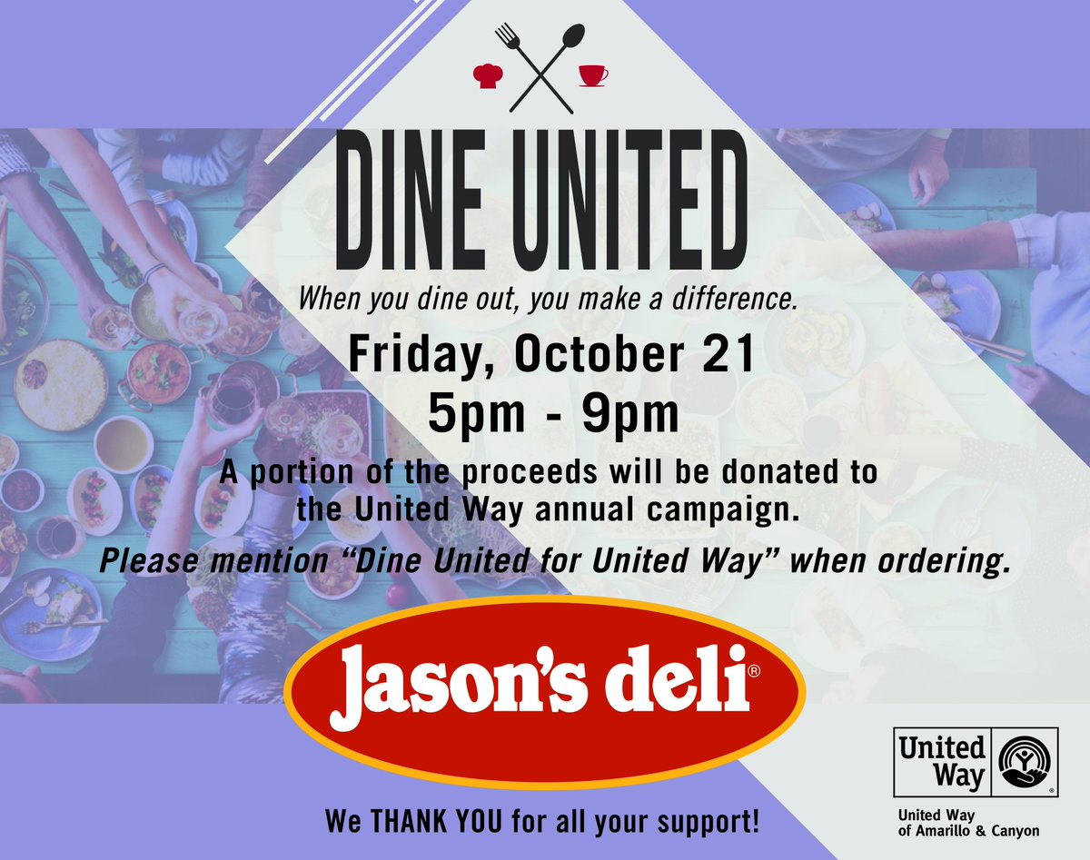 UnitedWayAMA's tweet photo. No need to cook! It's Friday! Head on out to Jason's Deli for dinner and help those in need in our community! #Eat4ACause https://t.co/5Q0djedEro