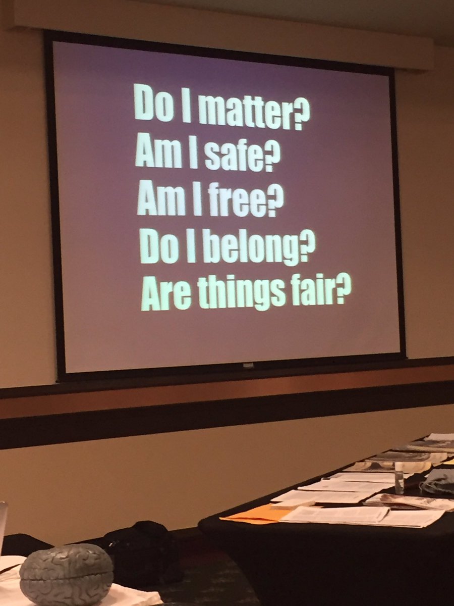 sheila_vick's tweet photo. Every brain has 5 check boxes:
Do I matter? Am I safe? Am I free? Do I belong? Are things fair? #MTSPDDAY #terrysmall https://t.co/3YIGT26G3b
